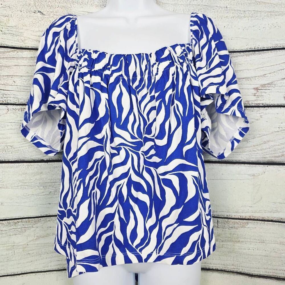 H&M Blue White Zebra Puff Sleeve Top XXL (NWT)